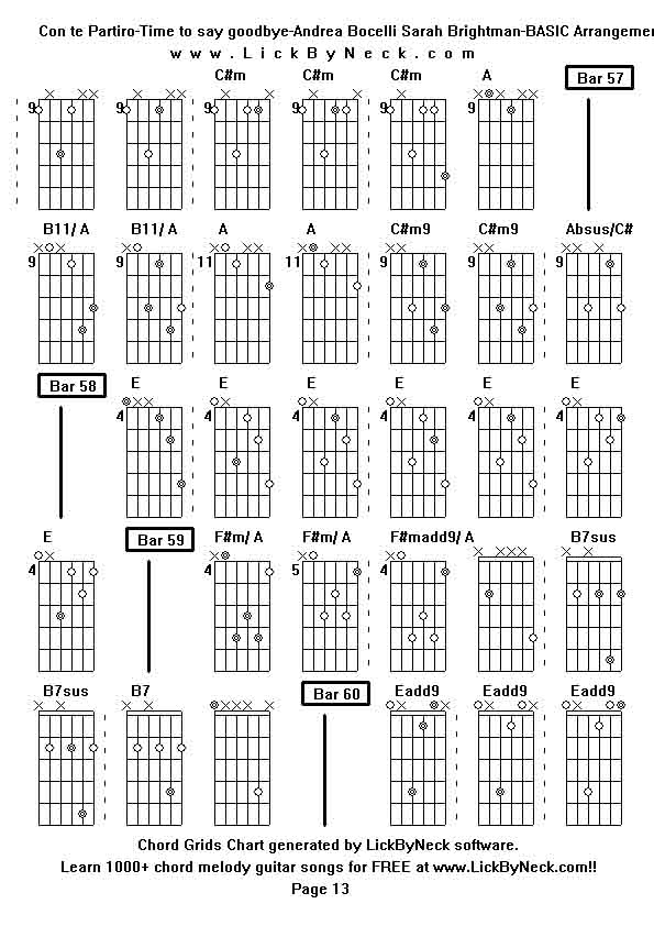 Chord Grids Chart of chord melody fingerstyle guitar song-Con te Partiro-Time to say goodbye-Andrea Bocelli Sarah Brightman-BASIC Arrangement,generated by LickByNeck software.